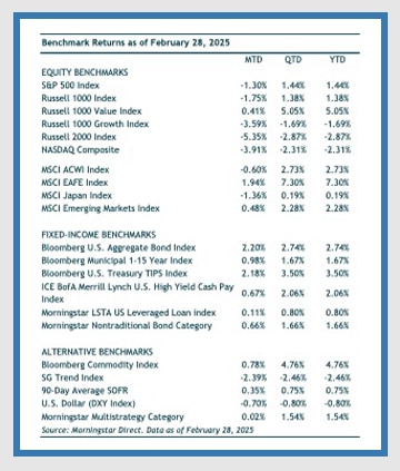 chart showing benchmark stock returns for February 2025