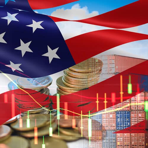 image illustrating united states trade war showing flag and money